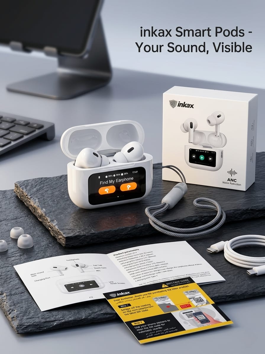 Inkax ANC (Active Noise Cancellation) Original Wireless Earbuds Bluetooth 5.4 with LCD Charging Case Touch Control Noise Cancelling TWS Airpods pro bluetooth Earbuds/Earpods/Earphones/Headphones.