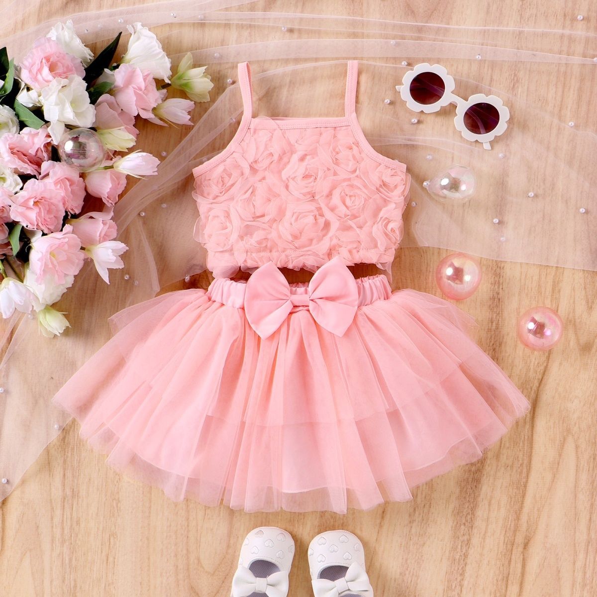 New European and American Summer Girls' Clothing Set Baby and Toddler Flower Suspender Bow Mesh Skirt two-piece Set