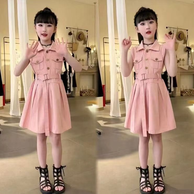 Premium Girls Sleeveless Lapel Dress Summer New Style Kids Fashion  Dress With Matching Waist Belt