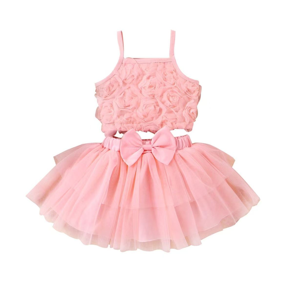 New European and American Summer Girls' Clothing Set Baby and Toddler Flower Suspender Bow Mesh Skirt two-piece Set