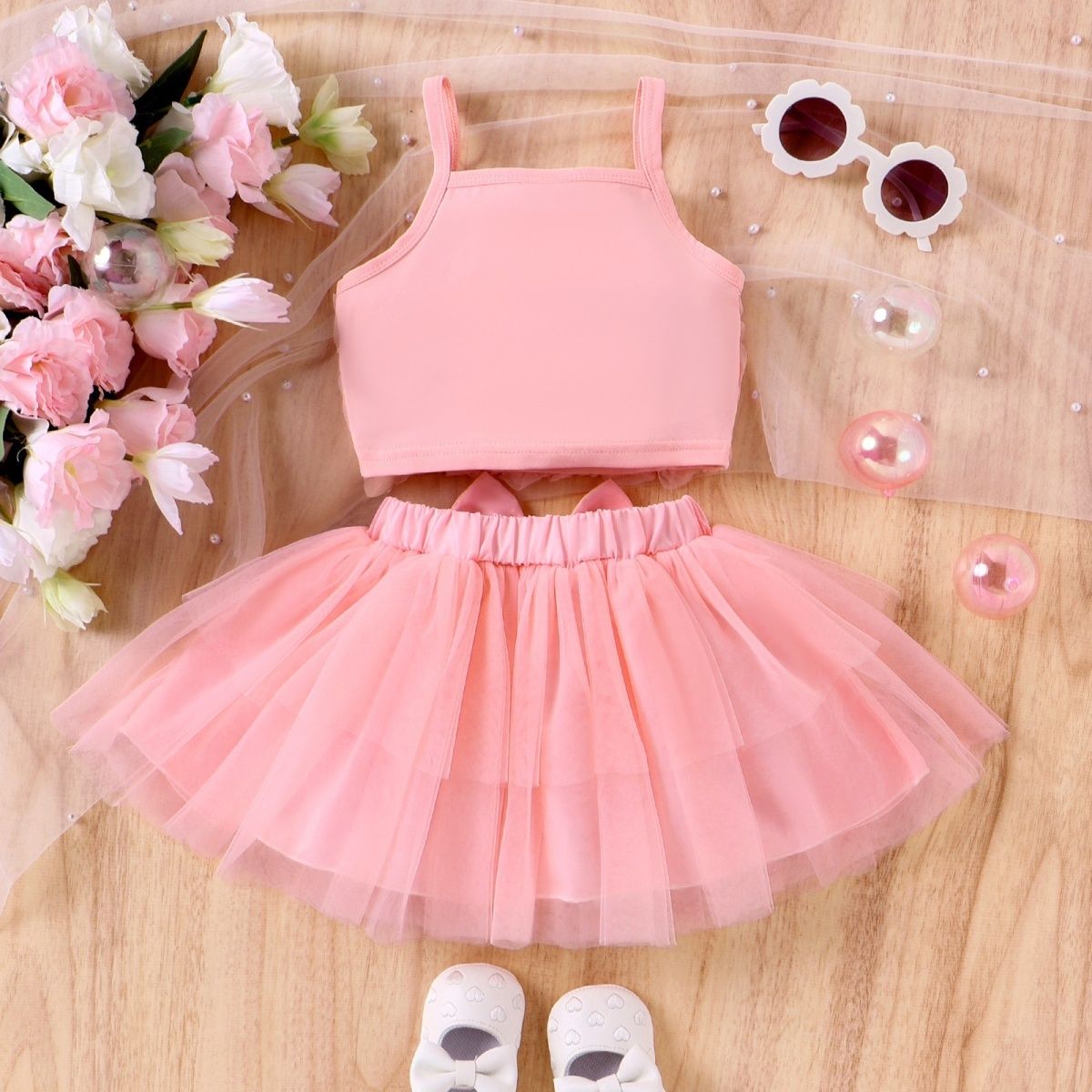 New European and American Summer Girls' Clothing Set Baby and Toddler Flower Suspender Bow Mesh Skirt two-piece Set