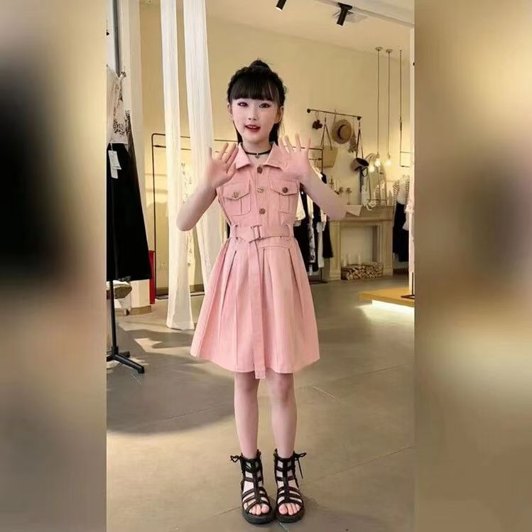 Premium Girls Sleeveless Lapel Dress Summer New Style Kids Fashion  Dress With Matching Waist Belt