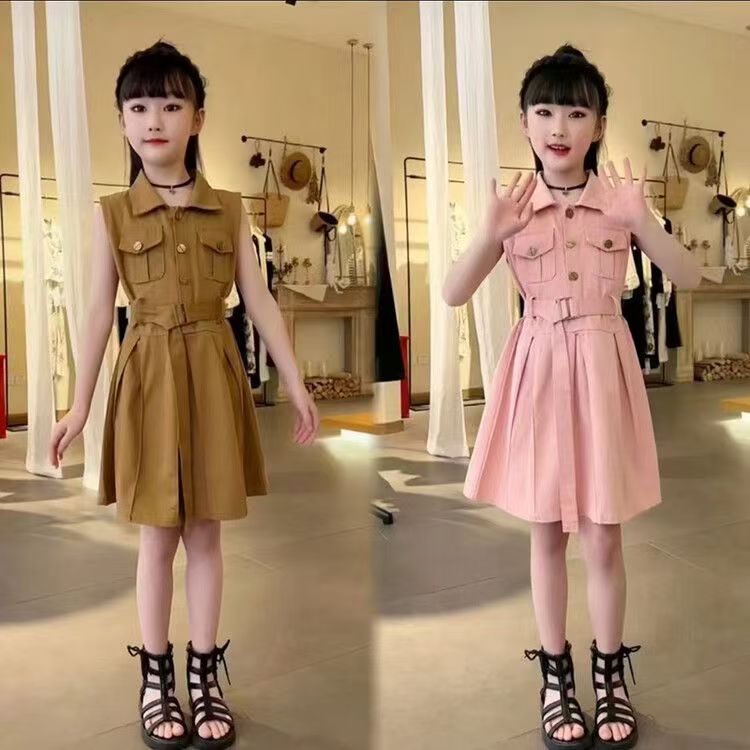 Premium Girls Sleeveless Lapel Dress Summer New Style Kids Fashion  Dress With Matching Waist Belt