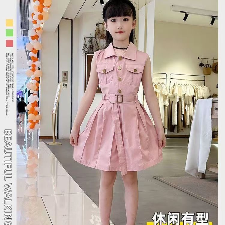 Premium Girls Sleeveless Lapel Dress Summer New Style Kids Fashion  Dress With Matching Waist Belt