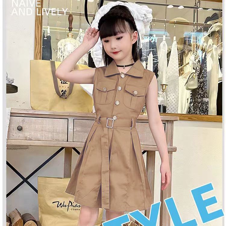 Premium Girls Sleeveless Lapel Dress Summer New Style Kids Fashion  Dress With Matching Waist Belt