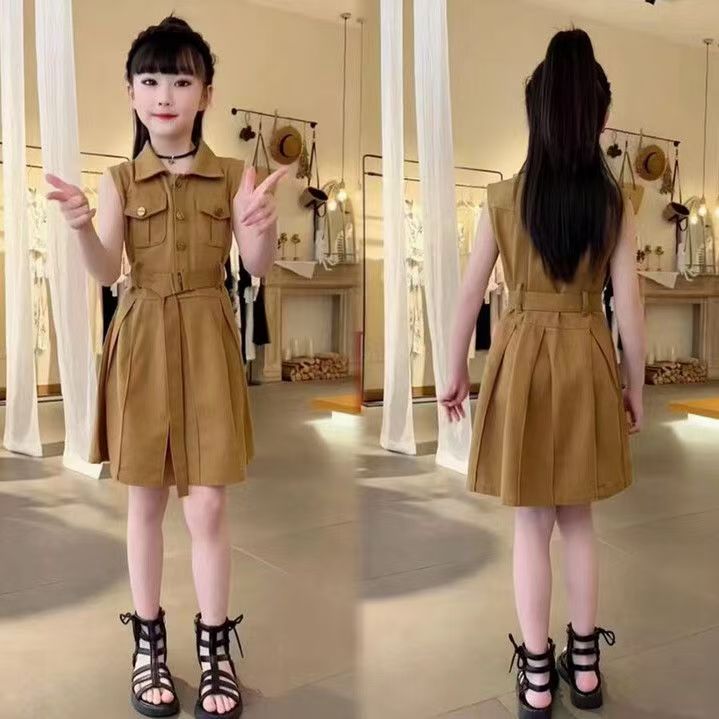 Premium Girls Sleeveless Lapel Dress Summer New Style Kids Fashion  Dress With Matching Waist Belt