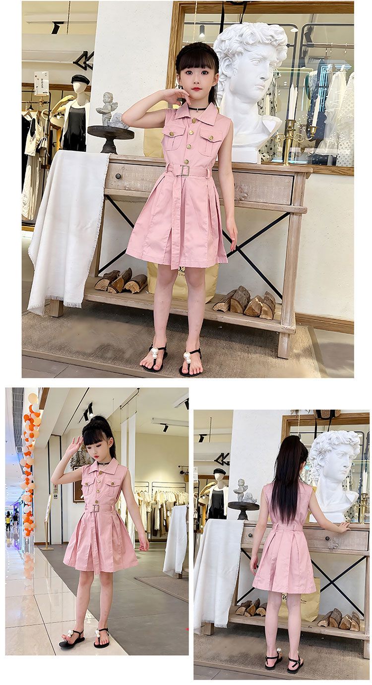 Premium Girls Sleeveless Lapel Dress Summer New Style Kids Fashion  Dress With Matching Waist Belt