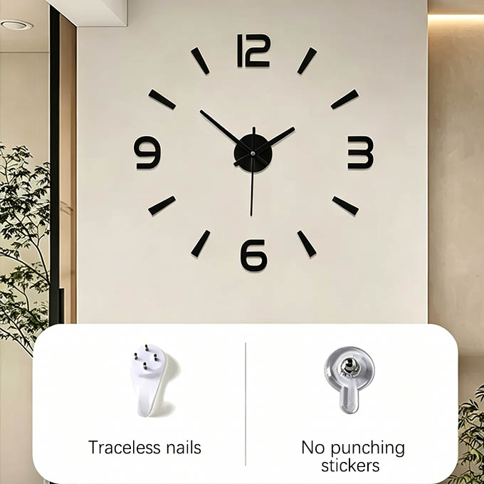 DIY 3D Mirror Wall Clock - Modern Large Wall Stickers - No Punching Required - Ideal Home Decor for Living Room, Bedroom & Office (Black)