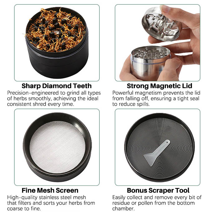 61mm 4-Tier Zinc Alloy Herb & Spice Grinder with Hand Crank Handle - Heavy Duty Manual Shredder with Magnetic Lid & Spatula - Ideal for Kitchen & Personal Use