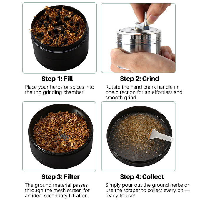 61mm 4-Tier Zinc Alloy Herb & Spice Grinder with Hand Crank Handle - Heavy Duty Manual Shredder with Magnetic Lid & Spatula - Ideal for Kitchen & Personal Use