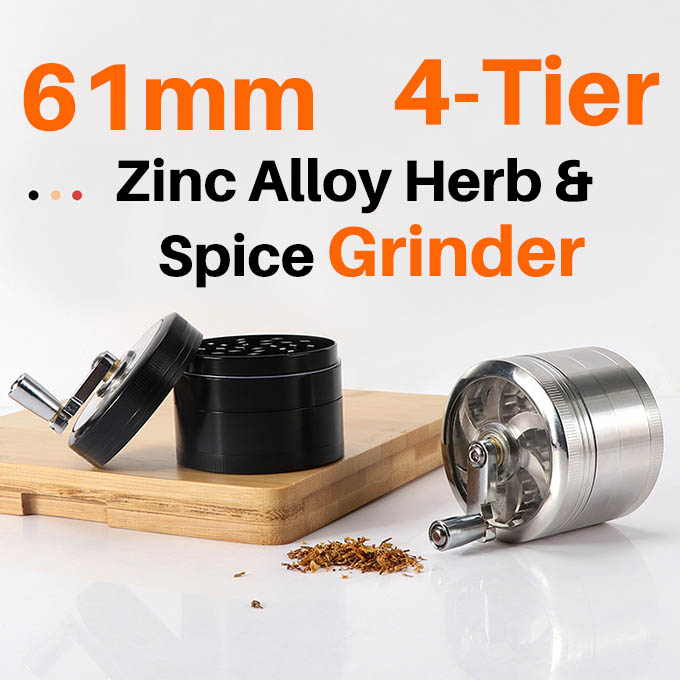 61mm 4-Tier Zinc Alloy Herb & Spice Grinder with Hand Crank Handle - Heavy Duty Manual Shredder with Magnetic Lid & Spatula - Ideal for Kitchen & Personal Use