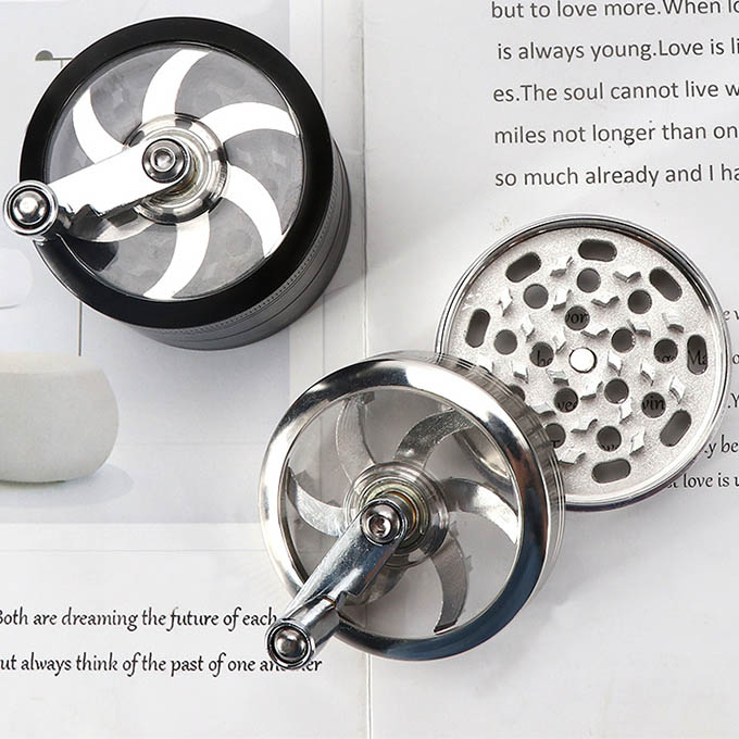 61mm 4-Tier Zinc Alloy Herb & Spice Grinder with Hand Crank Handle - Heavy Duty Manual Shredder with Magnetic Lid & Spatula - Ideal for Kitchen & Personal Use