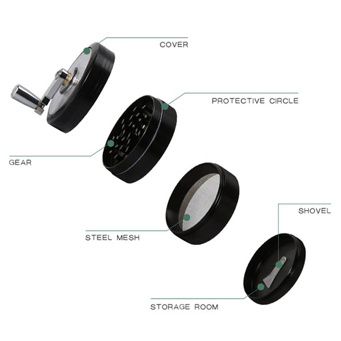 61mm 4-Tier Zinc Alloy Herb & Spice Grinder with Hand Crank Handle - Heavy Duty Manual Shredder with Magnetic Lid & Spatula - Ideal for Kitchen & Personal Use