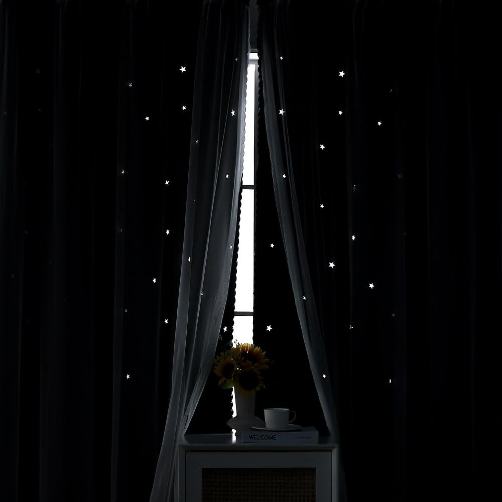 【Buy 1 Get 2 Effects】2pcs/set Star Blackout Curtains with White Sheers - 1.5m x 2.5m Hotel Quality Double Layer - Heat Insulating & Noise Reduction - Ideal for Single Rod & Standard Windows