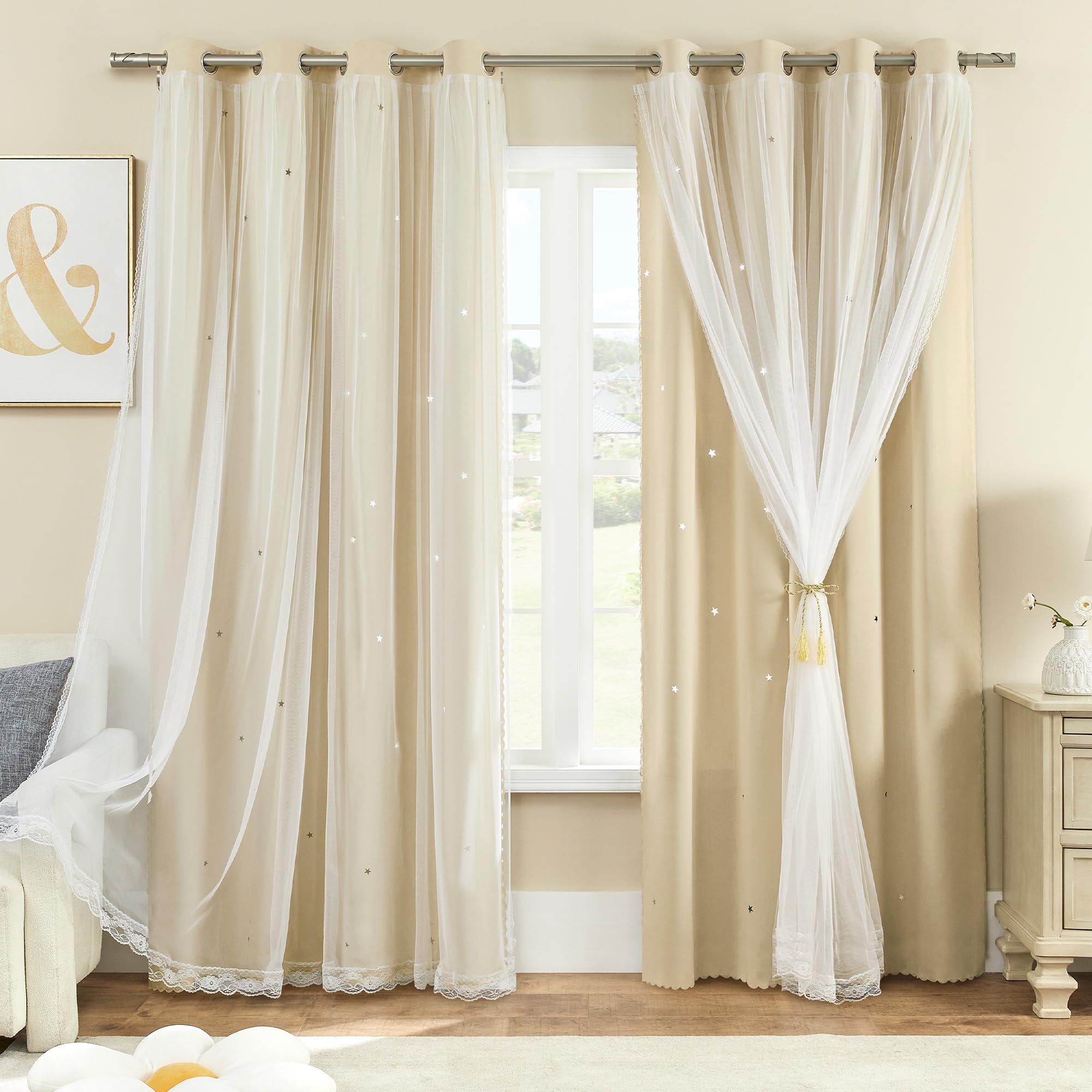 【Buy 1 Get 2 Effects】2pcs/set Star Blackout Curtains with White Sheers - 1.5m x 2.5m Hotel Quality Double Layer - Heat Insulating & Noise Reduction - Ideal for Single Rod & Standard Windows