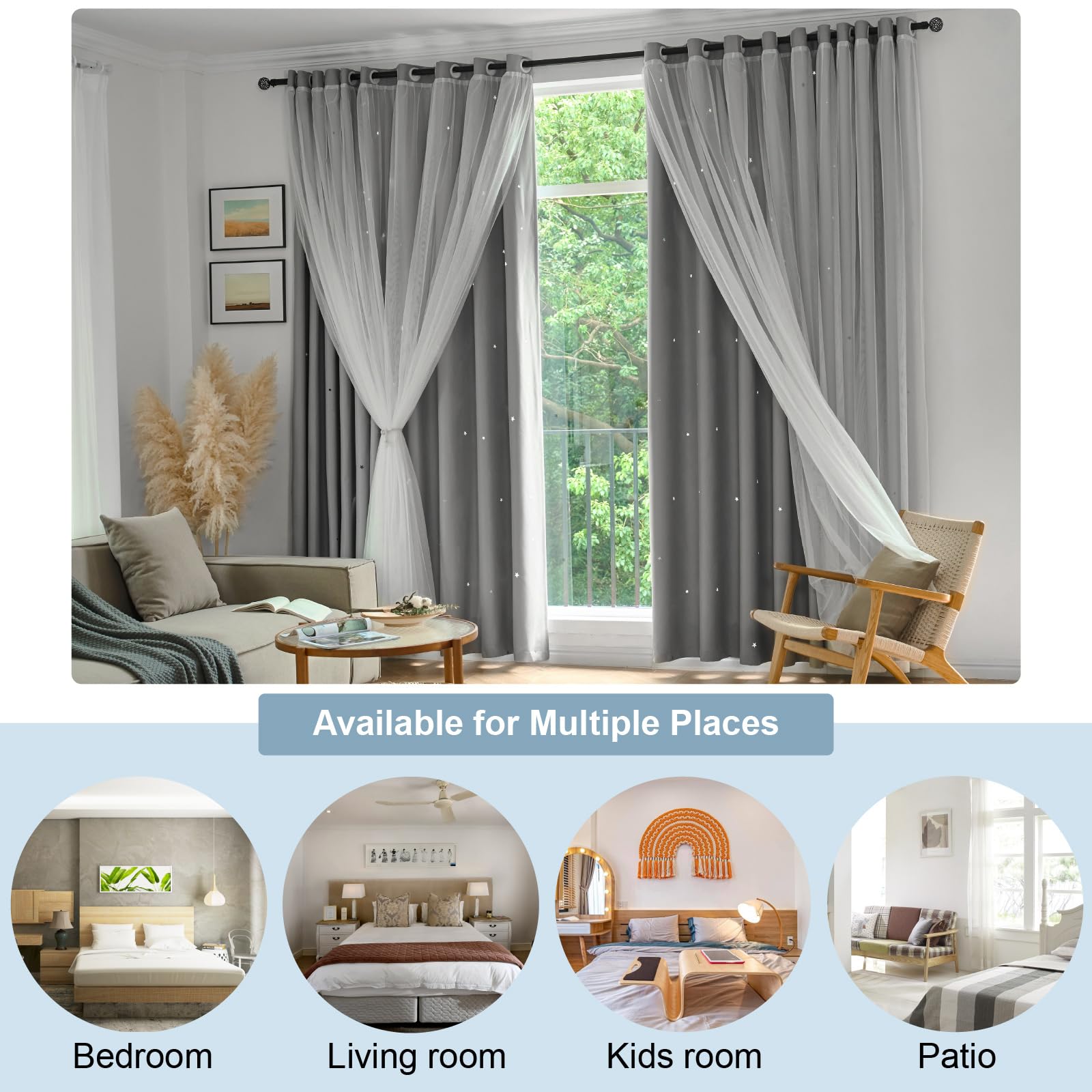 【Buy 1 Get 2 Effects】2pcs/set Star Blackout Curtains with White Sheers - 1.5m x 2.5m Hotel Quality Double Layer - Heat Insulating & Noise Reduction - Ideal for Single Rod & Standard Windows