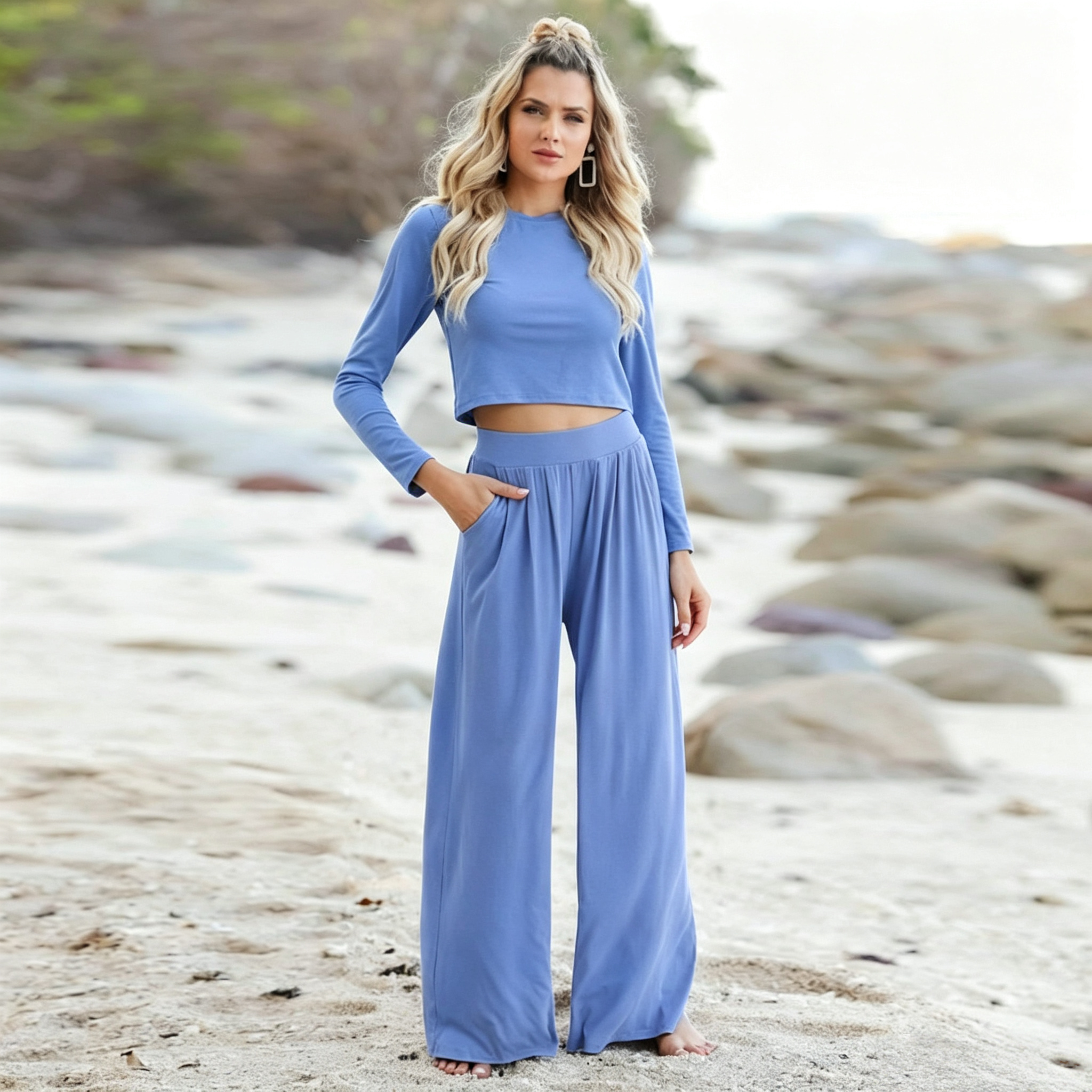 Women's two-piece set Tie Dye Two Piece Set Women Casual Crop Top & Wide Leg Pants Fashion two-piece set Elegant clothing Blue long-sleeve set