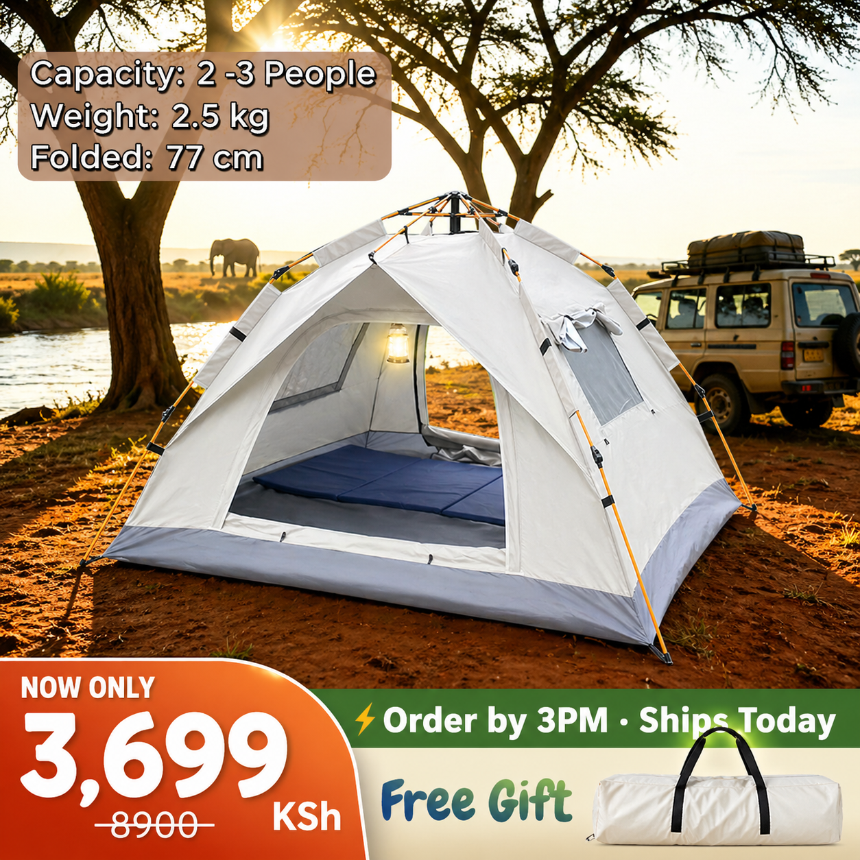 Exclusive Safari Instant Tent ⛺ | 2m × 1.5m Automatic Camping Tent with 2 Doors & 2 Windows | Spacious Outdoor Shelter for 2–3 People | Fast Setup Camping Tent