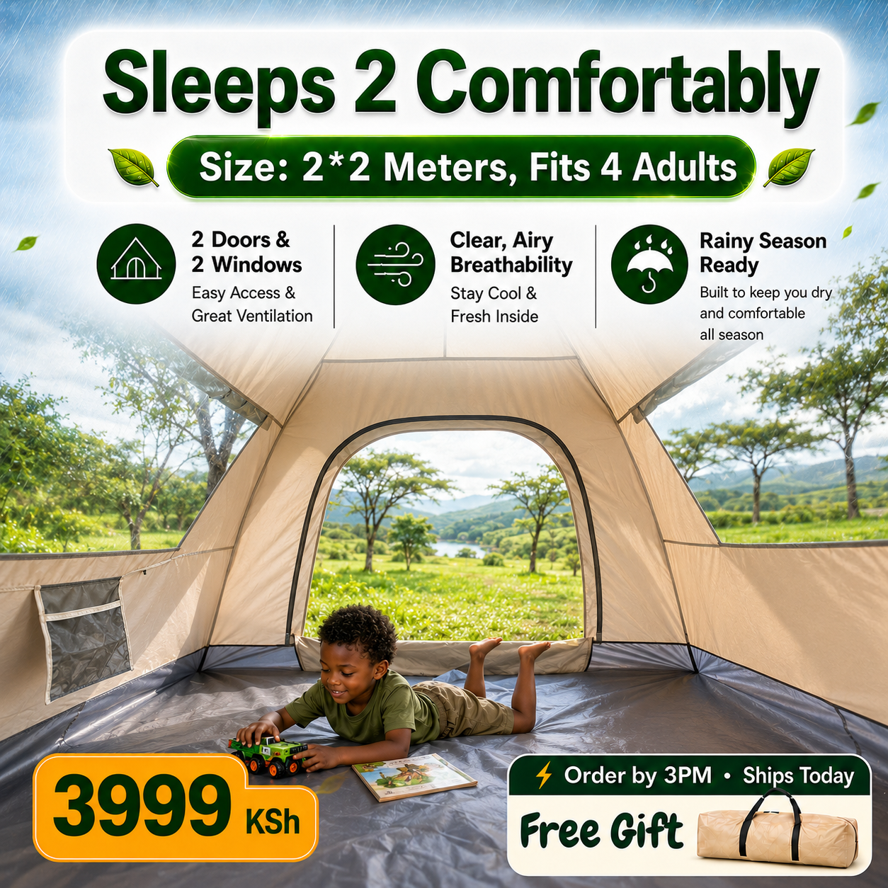 Exclusive Safari Instant Tent ⛺ | 2m × 2m Automatic Camping Tent | Fits 4–5 People | 2 Doors & 2 Windows | Spacious Family Outdoor Shelter