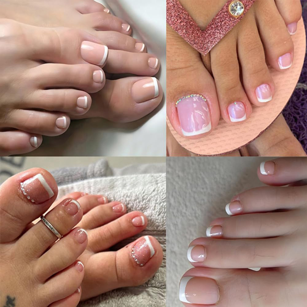 120pcs French Foot Wear Nail Set Summer Short Square Shiny False Toenail Acrylic Full Coverage Suitable for Nail Salon E0137