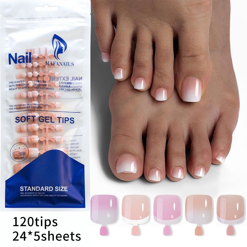 120Pcs Fake Toenails Nude Pink Short Square French Line False Toe Nails Detachable Press On Toenails Acrylic Soft ToeNails Tips E0165