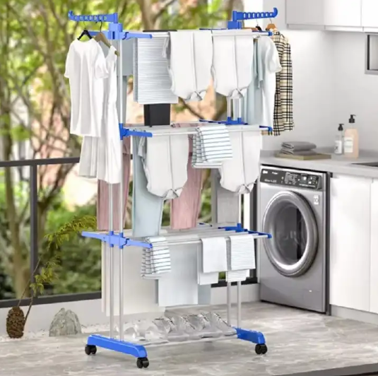 Foldable movable, Balcony Use Multi Function Mettalic 3tier clothes drying rack with shoe rack and 2 side wing