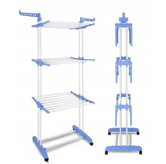 Foldable movable, Balcony Use Multi Function Mettalic 3tier clothes drying rack with shoe rack and 2 side wing