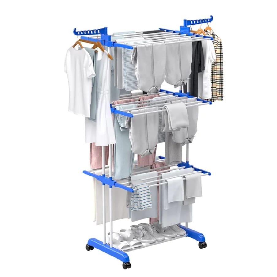 Foldable movable, Balcony Use Multi Function Mettalic 3tier clothes drying rack with shoe rack and 2 side wing