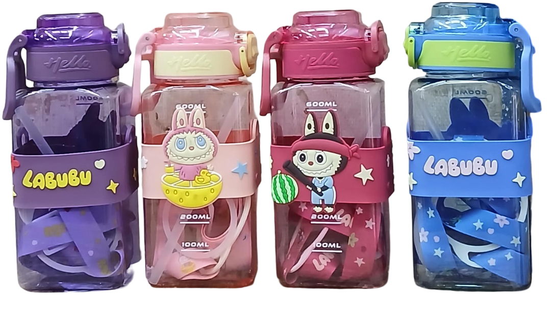 1 pc Kids Water Bottle 600ml – Cartoon Design Portable Plastic Drinking Cup with Strap & Straw for School, Sports & Outdoor