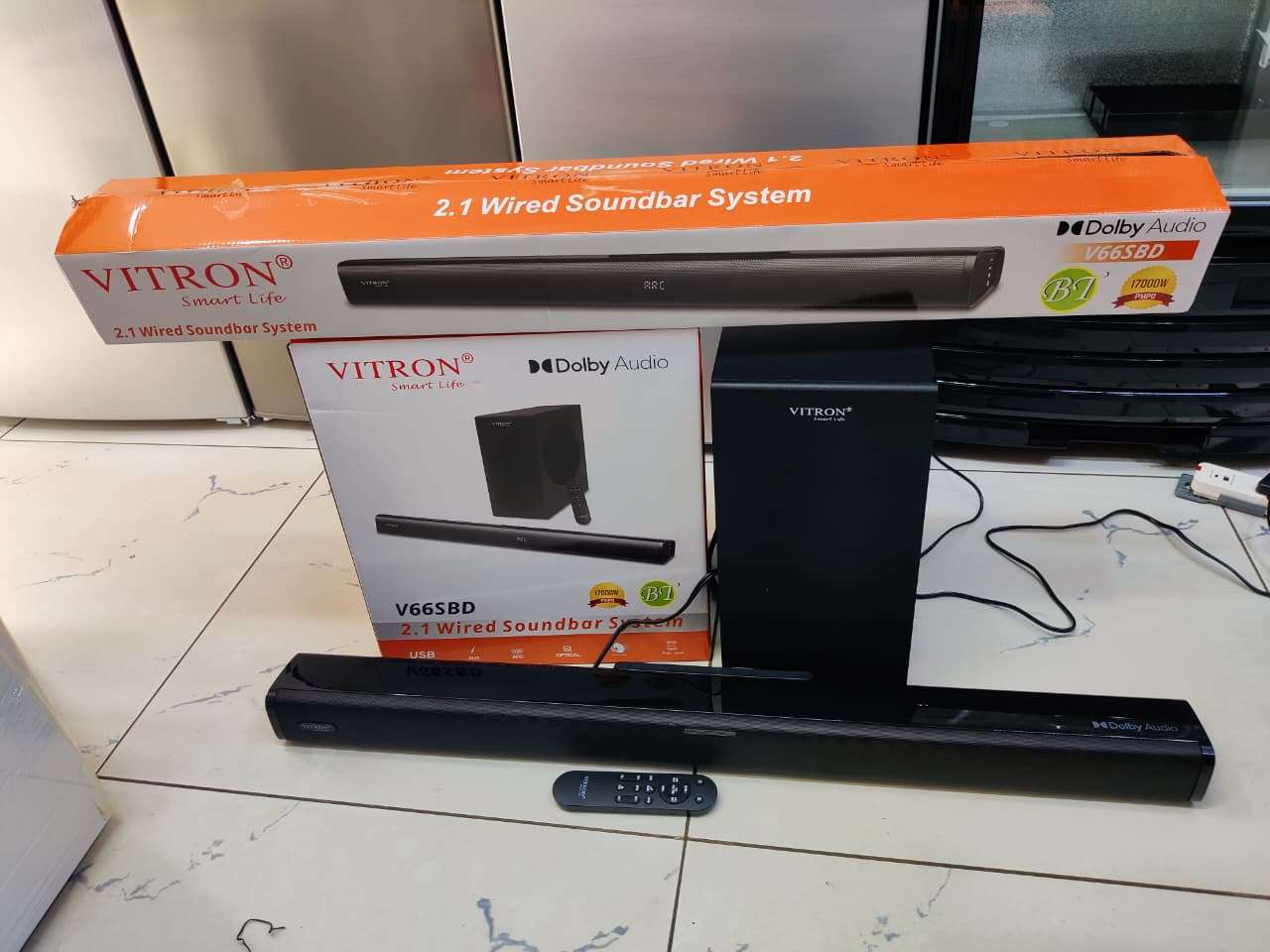 NEW VITRON V66SBD  2.1CH 17000W  PMPO DOLBY WIRED SOUNDBAR SYSTEM WITH USB FM RADIO AUX OPTICAL AND FULLY FUNCTIONAL REMOTE CONTROL