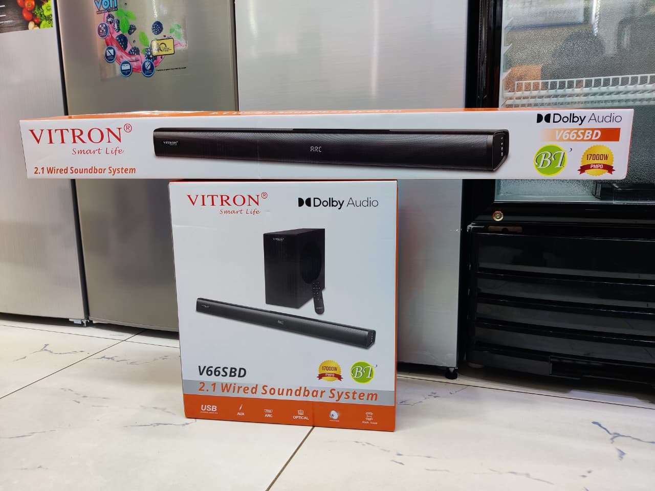 NEW VITRON V66SBD  2.1CH 17000W  PMPO DOLBY WIRED SOUNDBAR SYSTEM WITH USB FM RADIO AUX OPTICAL AND FULLY FUNCTIONAL REMOTE CONTROL