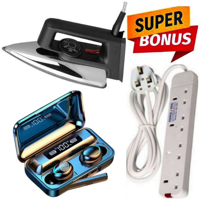 BEST SELLING ELECTRIC IRON BOX-1000W  AILYON Quality HD-198A Electric Dry Iron Box // Ironbox + BONUS 4-WAY POWER EXTENSION CABLE SOCKET & Bluetooth Wireless Earbuds // Earpods  for All Smartphones