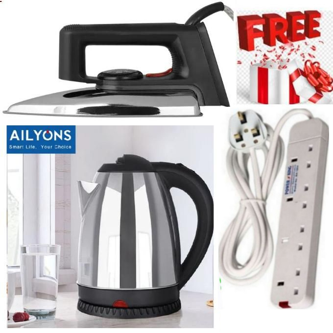 BEST SELLING ELECTRIC IRON BOX-1000W  AILYON Quality Electric Dry Iron Box // Ironbox + BONUS 4-WAY POWER EXTENSION CABLE SOCKET  & AILYONS Best Budget Electric Kettle Jug Coil-Free Water Heater