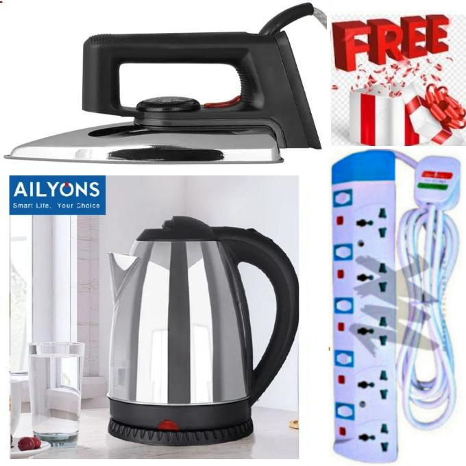 AILYONS 1.8 L Best Electric Kettle Water Heater & Boiler Jug- coil less + Power King HOME BEST 5 WAY POWER EXTENSION CABLE SOCKET & Original Home Based Electric Dry Iron Box Heavy Duty
