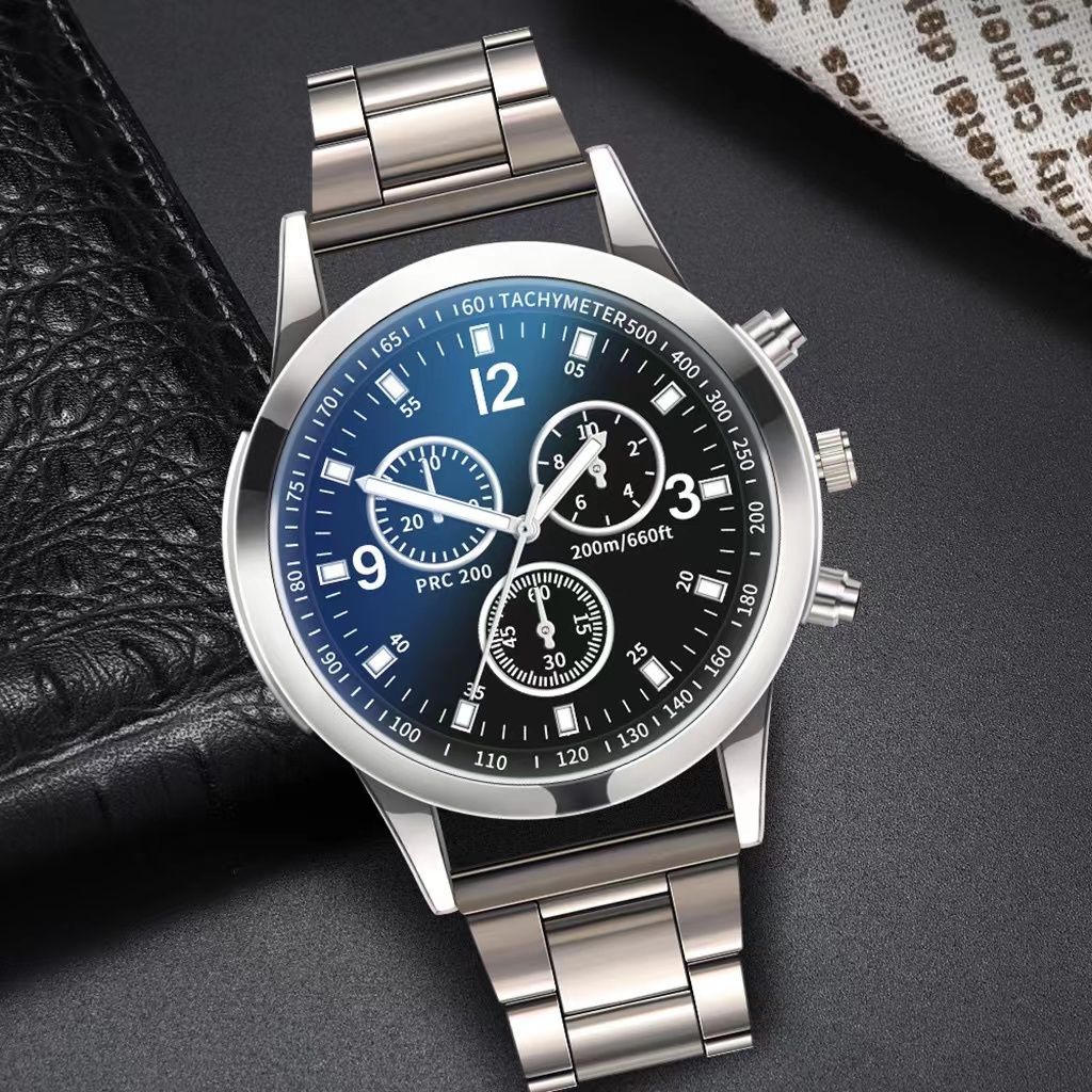 2 In 1 Men's Geneva Watch And Bracelet Set Chronograph Style Blue Dial Quartz Wristwatch With Stainless Steel Band And Matching Cuban Link Bracelet Fashion Casual Accessories Gift Set For Men