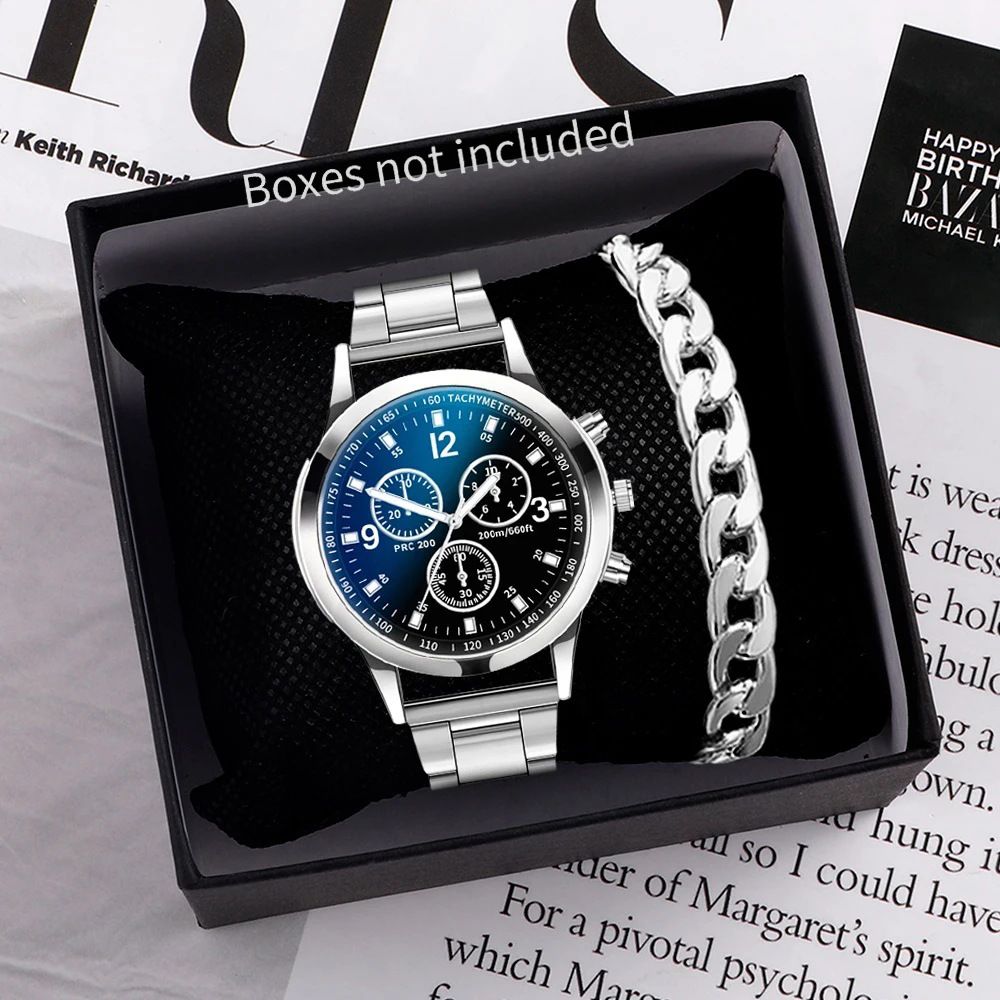 2 In 1 Men's Geneva Watch And Bracelet Set Chronograph Style Blue Dial Quartz Wristwatch With Stainless Steel Band And Matching Cuban Link Bracelet Fashion Casual Accessories Gift Set For Men