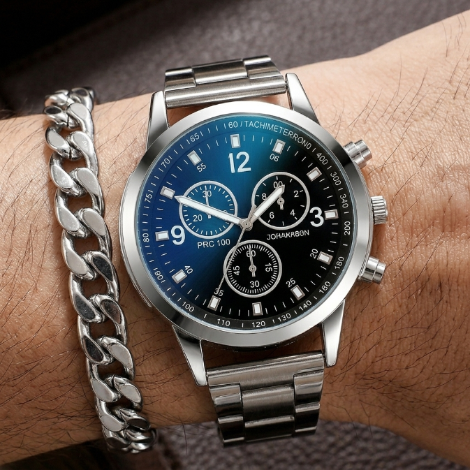 2 In 1 Men's Geneva Watch And Bracelet Set Chronograph Style Blue Dial Quartz Wristwatch With Stainless Steel Band And Matching Cuban Link Bracelet Fashion Casual Accessories Gift Set For Men