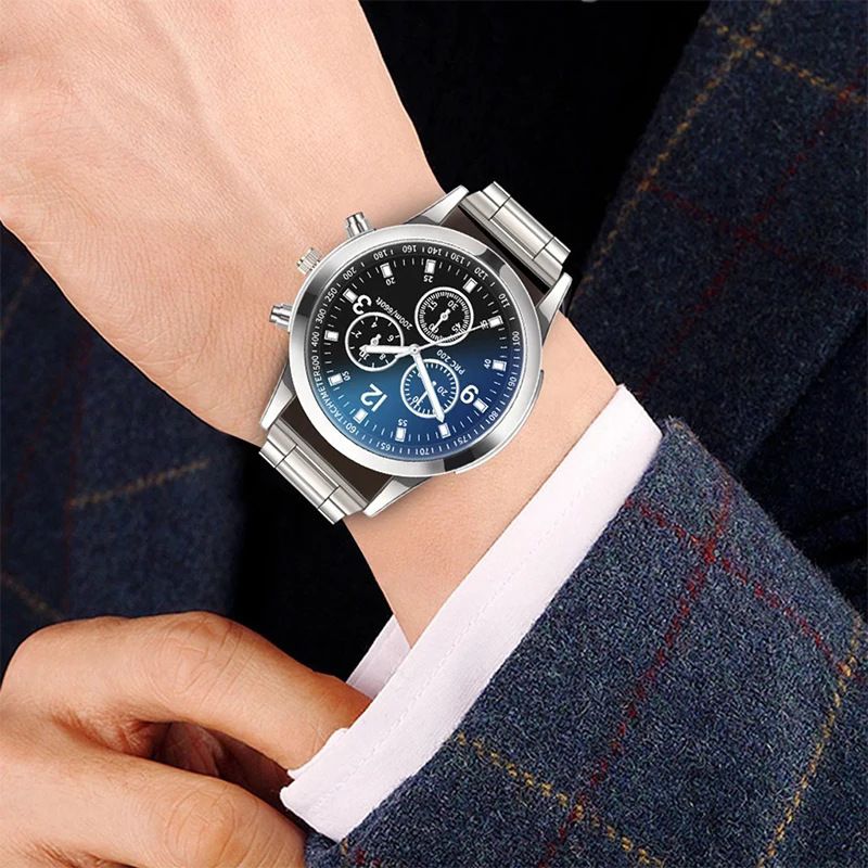 2 In 1 Men's Geneva Watch And Bracelet Set Chronograph Style Blue Dial Quartz Wristwatch With Stainless Steel Band And Matching Cuban Link Bracelet Fashion Casual Accessories Gift Set For Men