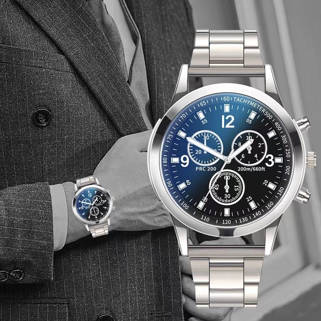 2 In 1 Men's Geneva Watch And Bracelet Set Chronograph Style Blue Dial Quartz Wristwatch With Stainless Steel Band And Matching Cuban Link Bracelet Fashion Casual Accessories Gift Set For Men