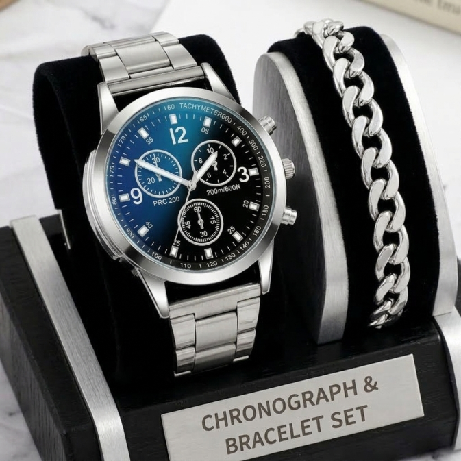2 In 1 Men's Geneva Watch And Bracelet Set Chronograph Style Blue Dial Quartz Wristwatch With Stainless Steel Band And Matching Cuban Link Bracelet Fashion Casual Accessories Gift Set For Men