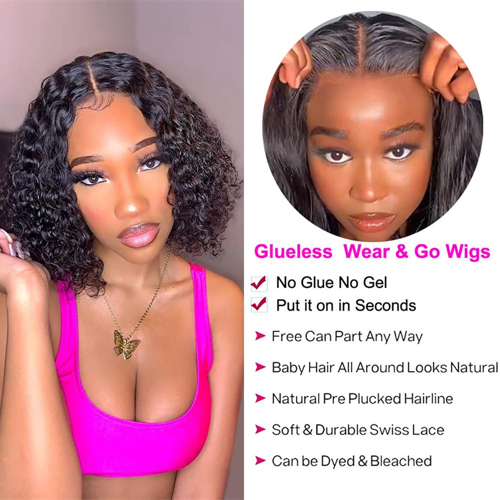 Pre Plucked Deep Wave Bob Wig Lace Front Wigs for Beginners Upgraded No Glue Pre Cut 4x4 Lace Closure Glueless Wigs for Black Women 12 Inch