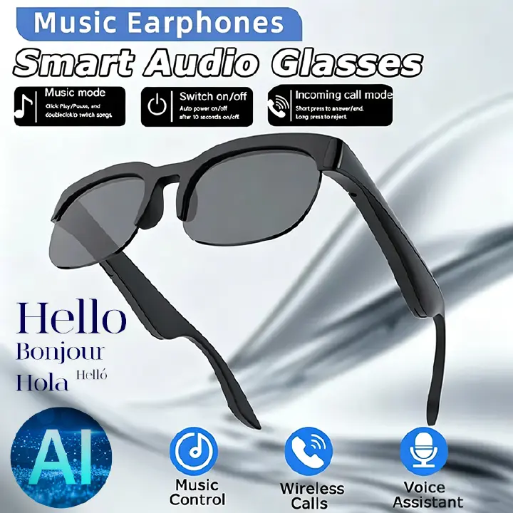 Smart Glasses 150 Languages ​​Real-time AI Translation, Binaural Wireless Stereo Smart Bluetooth Headset Glasses with Wireless HD Sun Protection Sunglasses for Outdoor Sports, Running and Cycling