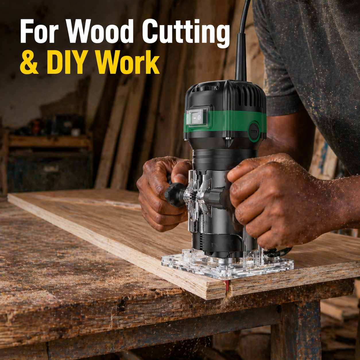 800W Electric Wood Router Trimmer – Woodworking Laminate Trimmer Machine with 2pcs Router Bits, Edge Guide & Roller Guide