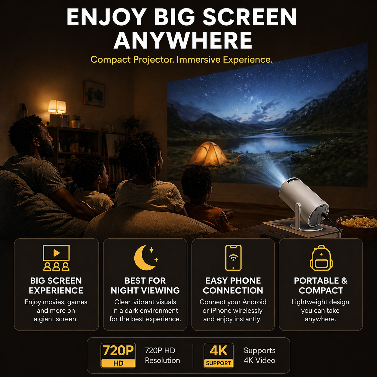 Portable HY300 HD Projector for Home/Outdoor Use - Android 11 Built-in, Easy Phone Casting, Includes HDMI line