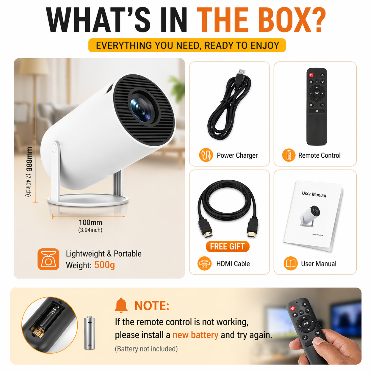 Portable HY300 HD Projector for Home/Outdoor Use - Android 11 Built-in, Easy Phone Casting, Includes HDMI line