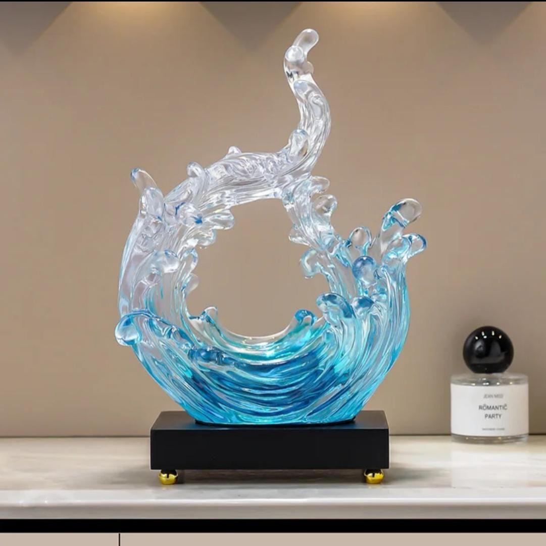 Luxury Crystal Glass Ocean Wave Sculpture – Modern Artistic Blue & Clear Water Splash Desktop Ornament, Elegant Resonant Resin Home Decor Figurine with Premium Black and Gold Base (20cm x 14cm x 30cm)