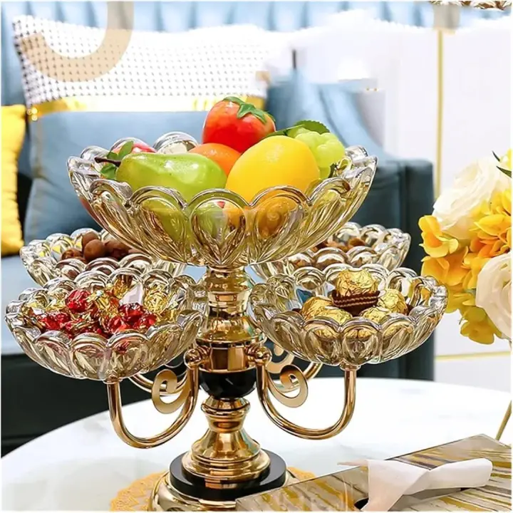 Luxury 5-Tier Crystal Glass Fruit Bowl & Candy Stand | Premium European-Style Rotating Centerpiece | Elegant Gold Electroplated Candelabra Serving Tray for Living Room, Luxury Events, & Home decor