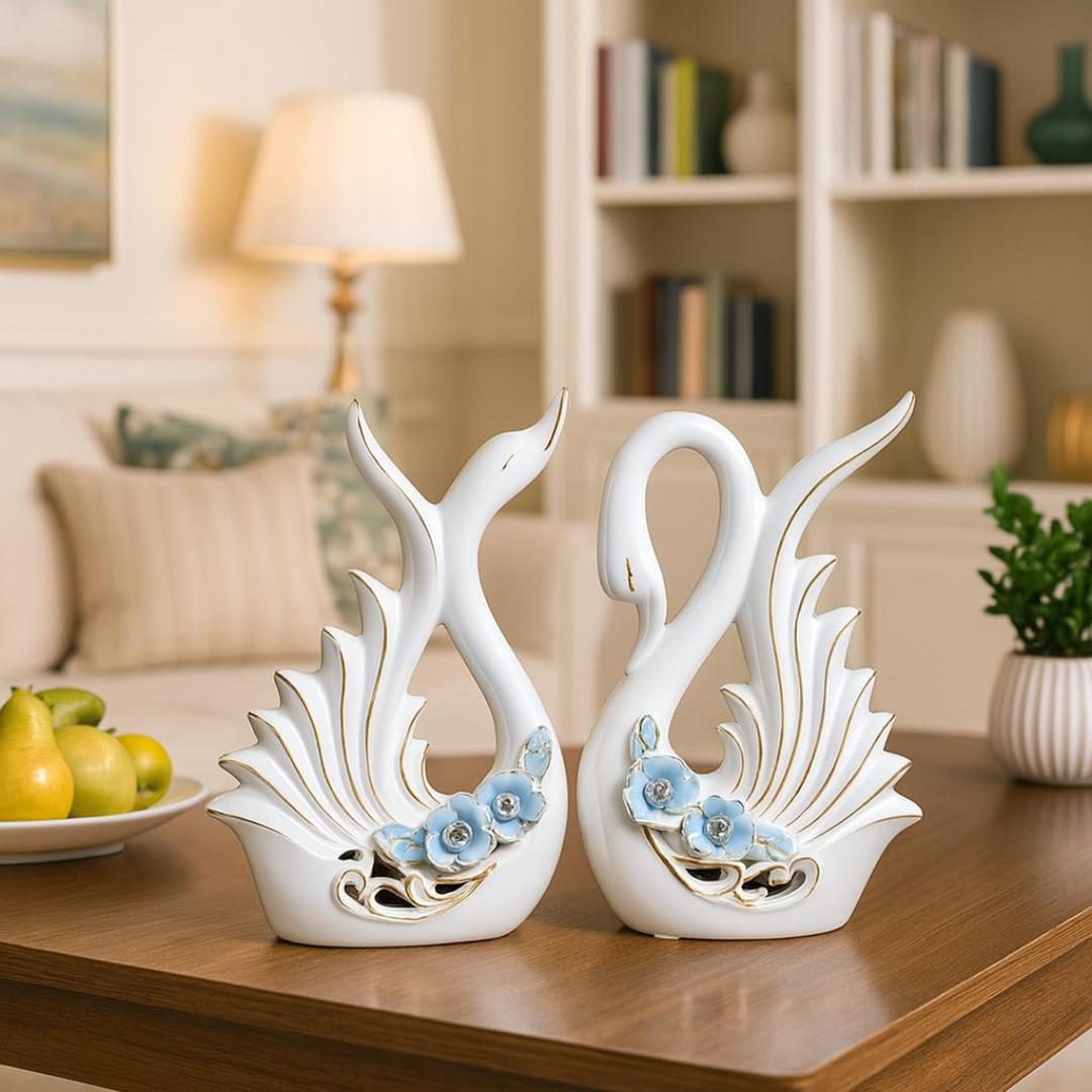 Elegant Ceramic Swan Couple Figurines Set, Luxury White and Gold Porcelain Bird Sculptures with Floral Accents, Romantic Wedding Gift and Sophisticated Home Decor Accents for Living Room
