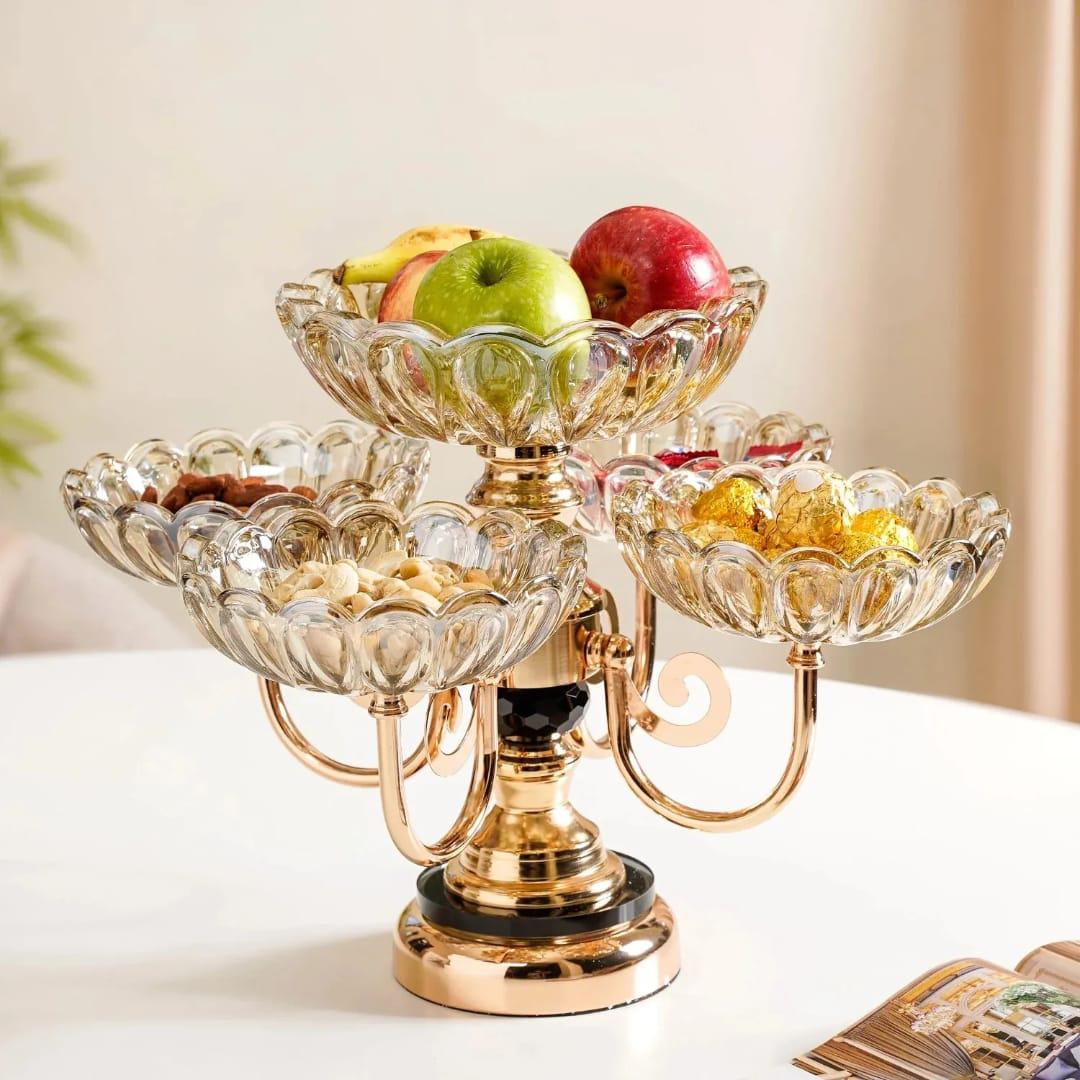 Luxury 5-Tier Crystal Glass Fruit Bowl & Candy Stand | Premium European-Style Rotating Centerpiece | Elegant Gold Electroplated Candelabra Serving Tray for Living Room, Luxury Events, & Home decor