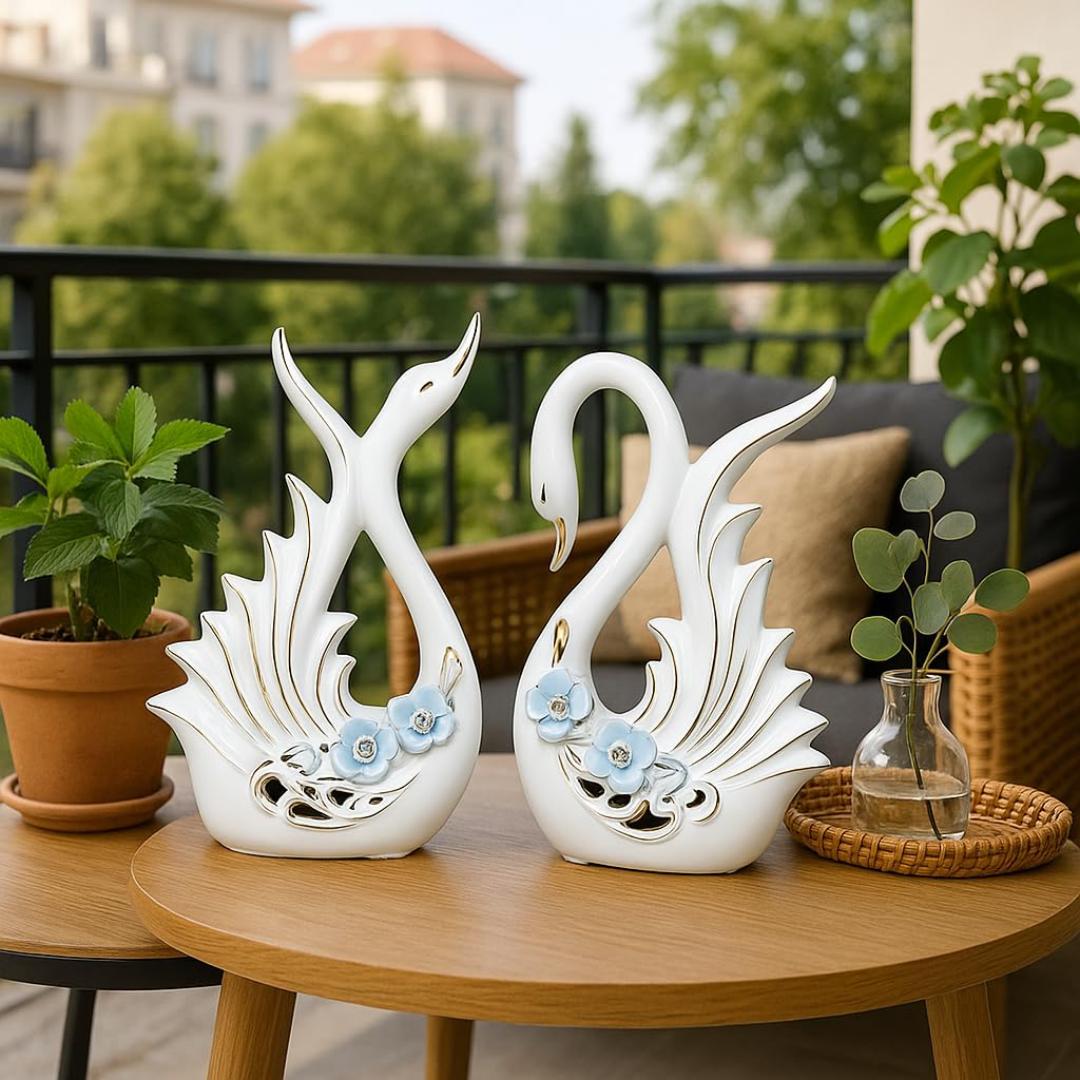 Elegant Ceramic Swan Couple Figurines Set, Luxury White and Gold Porcelain Bird Sculptures with Floral Accents, Romantic Wedding Gift and Sophisticated Home Decor Accents for Living Room